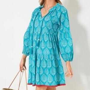NWT Tuckernuck Tiered Beach Caftan Dress Tropical Teal Lantern Block Print